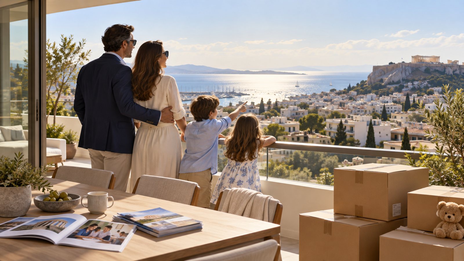 A family on a balcony in Athens looking towards the Acropolis, with moving boxes behind them