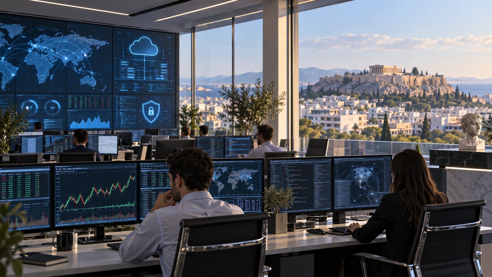 An investment office in Athens with the Acropolis visible through the windows